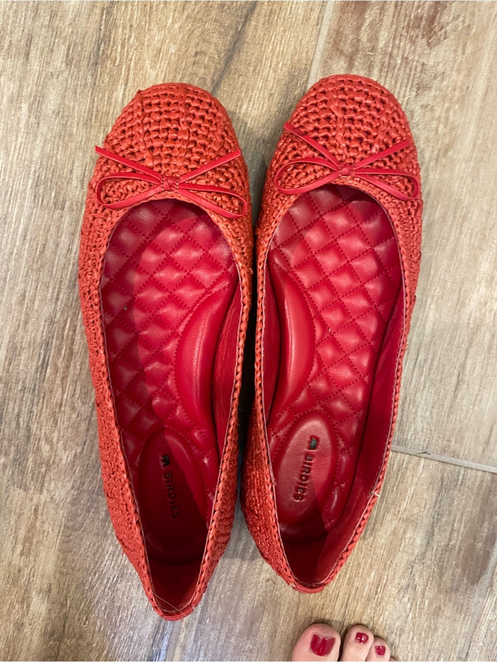 Birdies Red Crochet Quilted Ballet Flats with Bow Detail